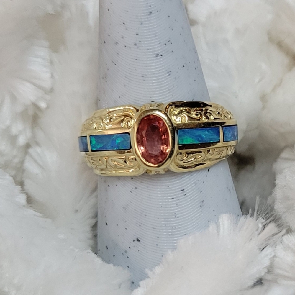 BEAUTIFUL 14K Yellow Gold Padparadscha Sapphire & Inlaid Opal Ring